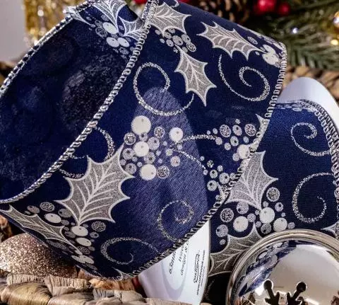 Navy & Silver Holly & Berries Christmas Ribbon