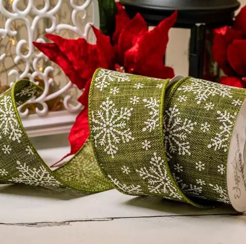 Green Burlap Style Ribbon With Snowflake Print