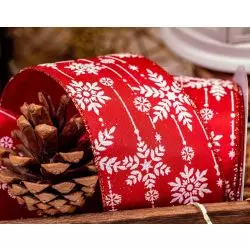 Red Satin With White & iridescent glitter snowflake design 63mm x 9.1m