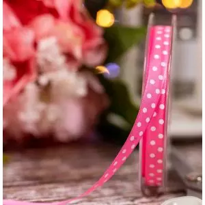 10mm Pink Taffeta Ribbon With White Polka Dot Design