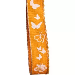 Linen Look Ribbon With Butterly Print - Orange