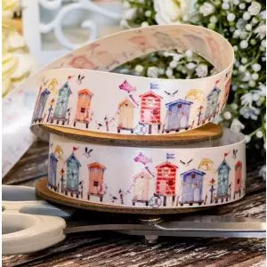 25mm double satin ribbon with colourful beach hut print