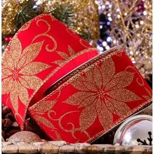 Wired rec velvet ribbon with gold glitter poinsettia design 63mm x 9.1m