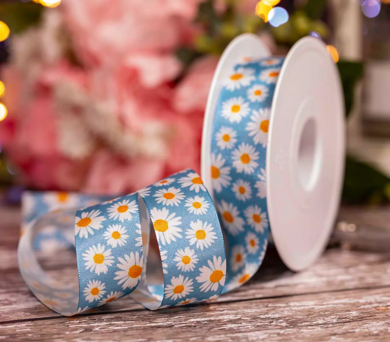 Blue Daisy Print Taffeta Ribbon