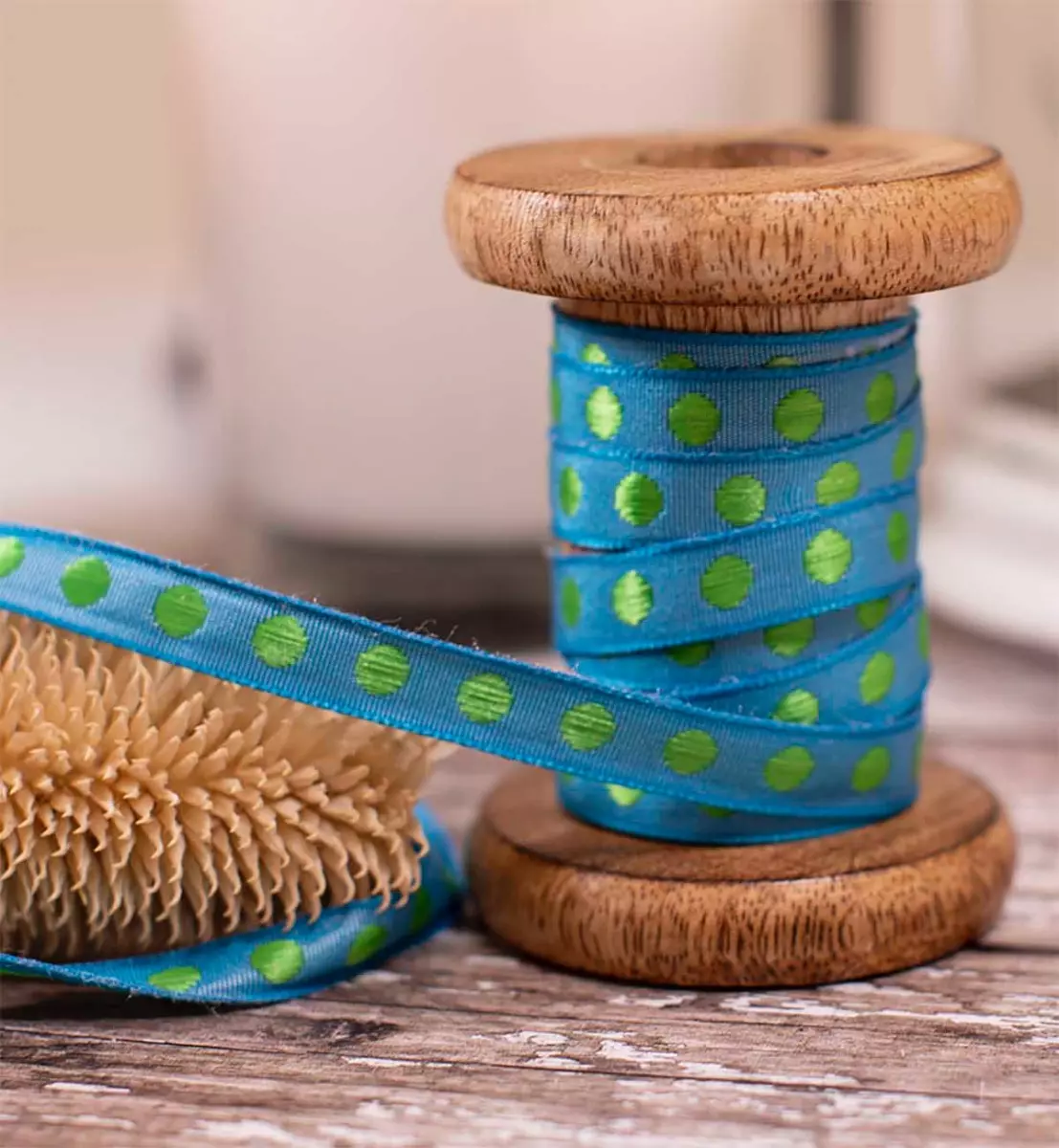 10mm blue taffeta ribbon with green spots