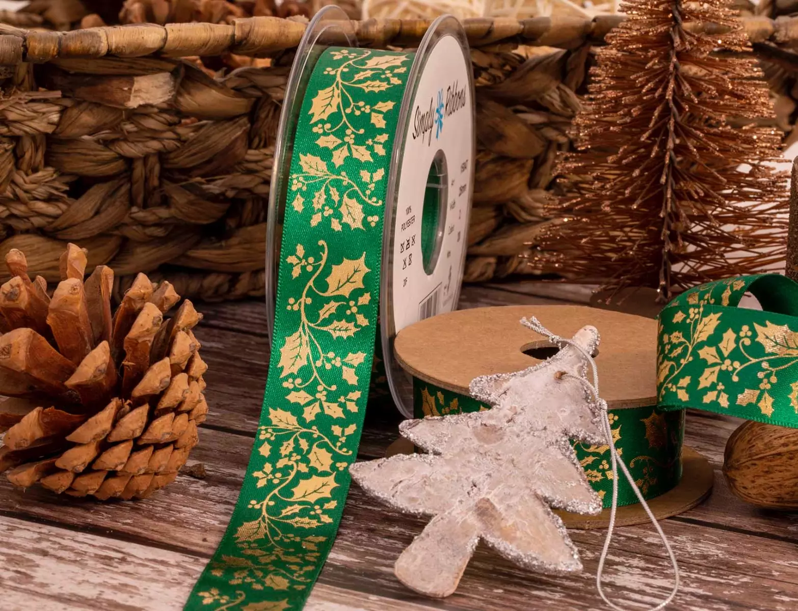 Green satin Ribbon With Gold Holly Print