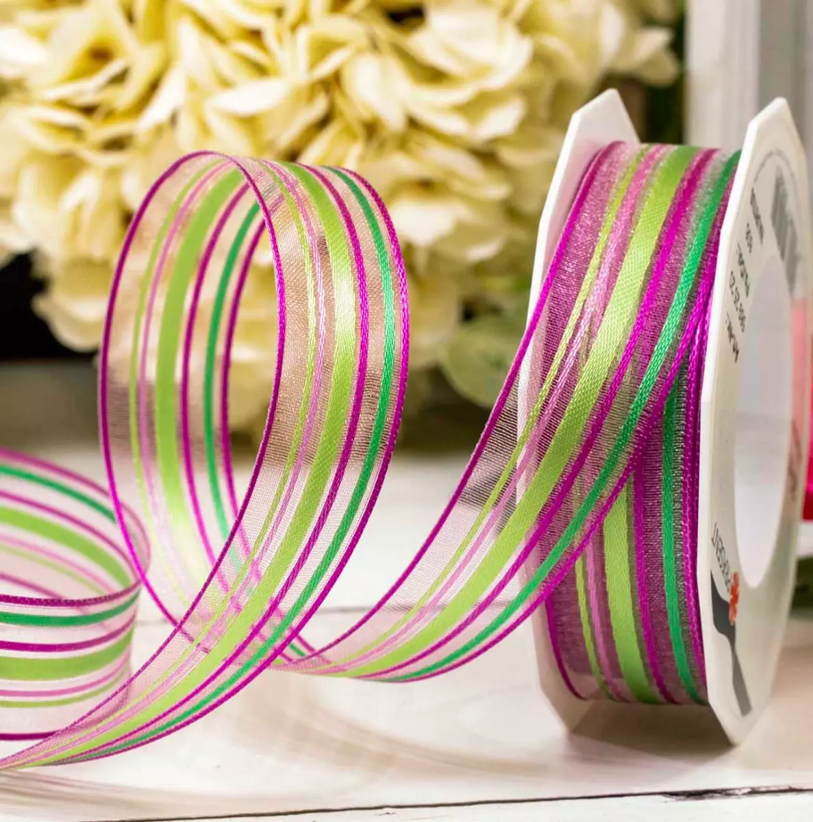 Pink & Green Self Striped Sheer and Satin Ribbon