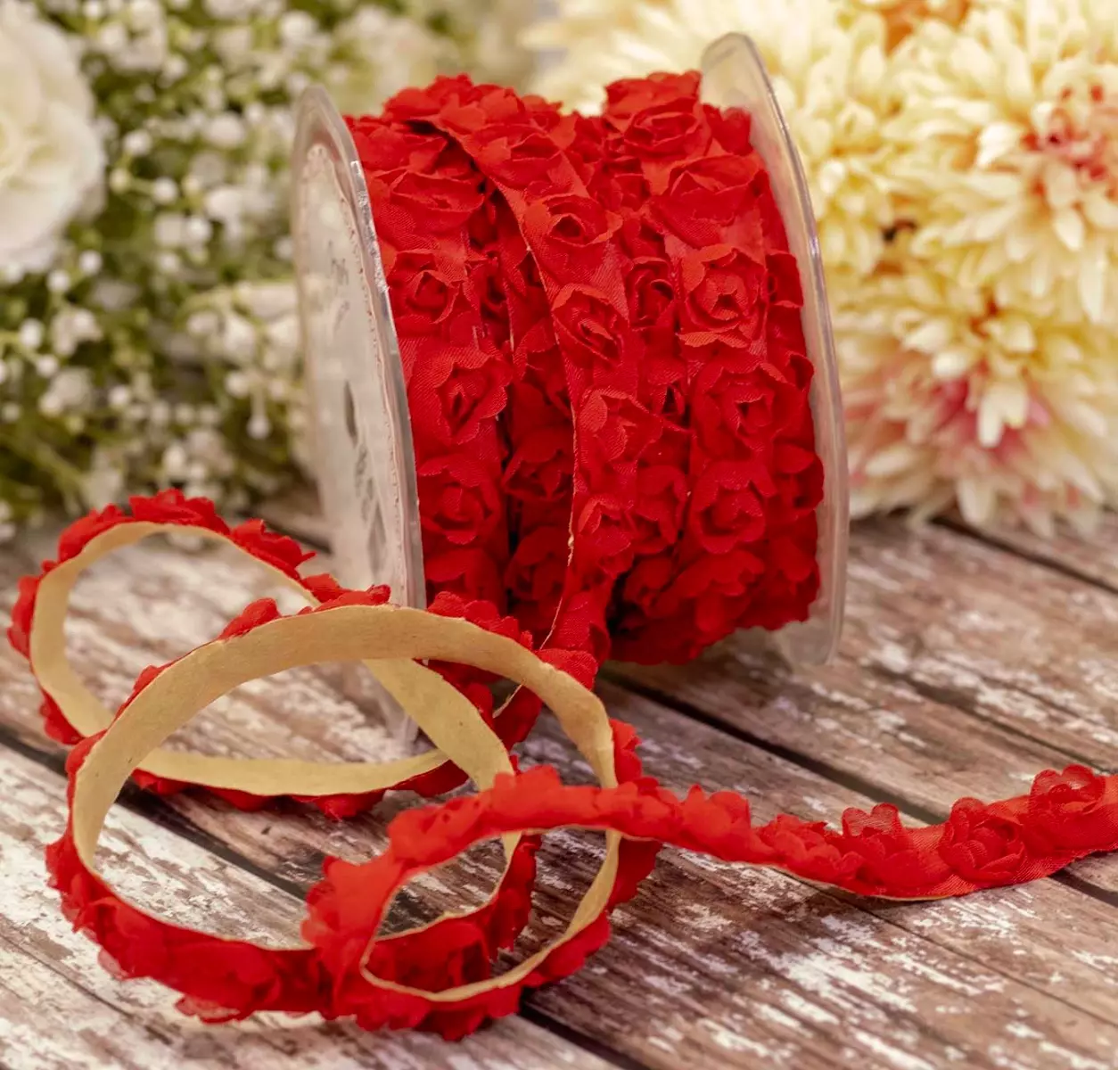 Red Rose Rosette Self Adhesive Ribbon