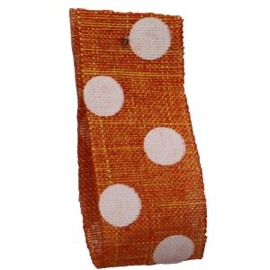 Faux Burlap Ribbon In Orange With White Polka Dot Design - 25mm x 20m