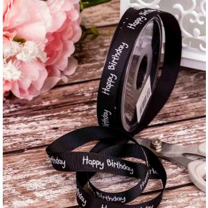 Black Happy Birthday Ribbon 15mm x 20m