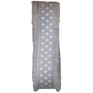 light grey frayed edged ribbon with white dots print