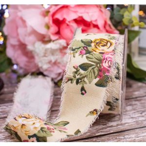 Floral Rose Design Frayed Edged Burlap Ribbon In A 50mm Width