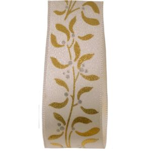 25mm white satin ribbon with metallic gold mistletoe print