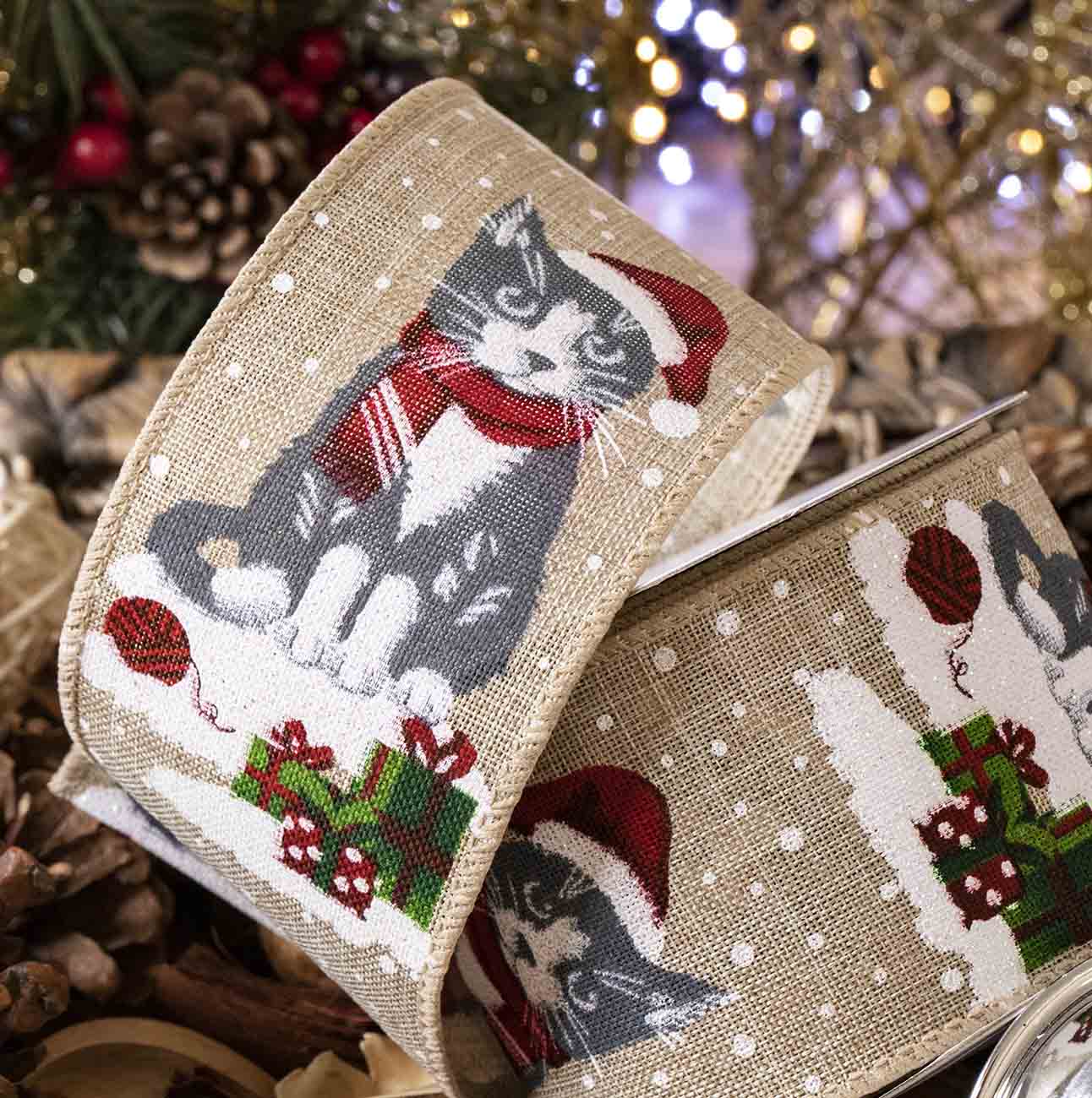 Snow Cat Christmas Ribbon 63mm Burlap