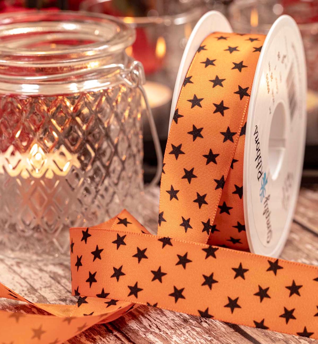 orange taffeta with black stars 25mm 